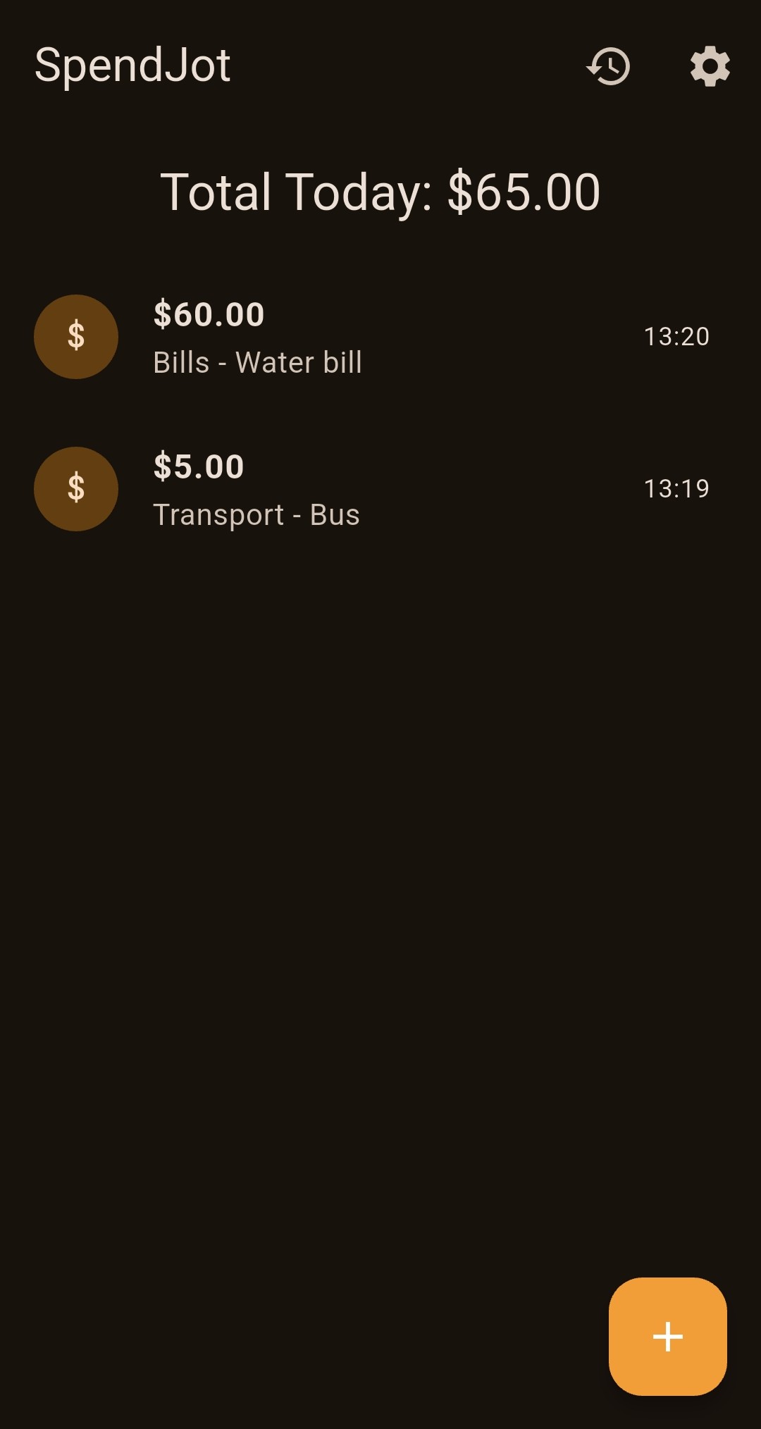 SpendJot Main Screen